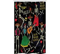 ABAKUHAUS Scheletro Tenda da Doccia Stalla, Dia de los Muertos Fiesta, Set per il Bagno in Tessuto con Ganci, 120 x 180 cm, Nero Rosso Verde