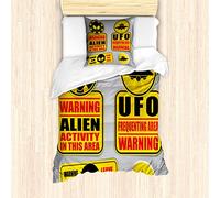 ABAKUHAUS Spazio Set Copripiumino, Attenzione Alien Pericolo, Decorativo 2 Pezzi con 1 Federa Cuscino, 135 x 200 cm - 80 x 80 cm, Nero Giallo