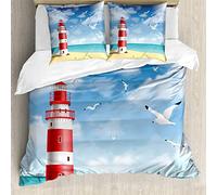 ABAKUHAUS Spiaggia Set Copripiumino, Faro Gabbiani Ocean, Arredamento del Letto, 3 Pezzi con 2 Federe Cuscini, 155 x 200 cm - 80 x 80 cm, Vermilion Blu