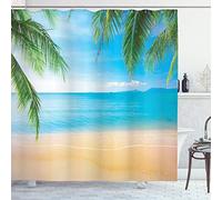 ABAKUHAUS Spiaggia Tenda da Doccia, Exotic Laguna Sand Ocean, Tessuto Set di Decorazioni per il Bagno con Ganci, per la vasca da bagno, 175 x 200 cm, Sabbia Marrone Cielo Blu