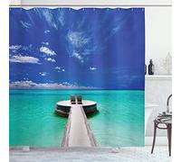 ABAKUHAUS Spiaggia Tenda da Doccia, Laguna Mare Luna di Miele, Tessuto Set di Decorazioni per Il Bagno con Ganci, per la Vasca da Bagno, 175 cm x 180 cm, Turchese Bianco Blu