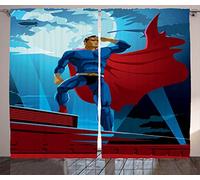 ABAKUHAUS Supereroe Tende, Retro Heros Fumetto, Casa Arredamento Elemento Distintivo Due Pannelli Set, 280 x 175 cm, Blu Rosso