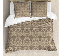 ABAKUHAUS Taupe Set Copripiumino, Flora Barocco Classy, 3 Pezzi con 2 Federe Cuscini, 200 x 200 cm - 80 x 80 cm, Warm Taupe Sabbia Marrone