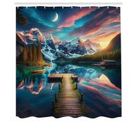 ABAKUHAUS Tenda da doccia Lake, ponte in legno muschioso stagionato drammatico cielo nuvoloso Mezzaluna Paesaggio notturno, Tessuto in tessuto con gancio, 175 per 200 cm, sabbia marrone marrone verde