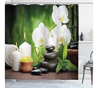ABAKUHAUS terme Tenda da Doccia, Pietre e orchidee, Tessuto Set di Decorazioni per il Bagno con Ganci, per la vasca da bagno, 175 cm x 180 cm, Bianco verde e nero