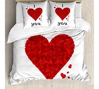 ABAKUHAUS Ti Amo Set Copripiumino, Amore Bouquet Cuore, Arredamento del Letto, 3 Pezzi con 2 Federe Cuscini, 155 x 200 cm - 80 x 80 cm, Rosso Bianco