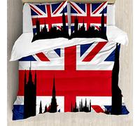 ABAKUHAUS Union Jack Set Copripiumino, Storico Urbano UK, Arredamento del Letto, 3 Pezzi con 2 Federe Cuscini, 155 x 200 cm - 80 x 80 cm, Royal Blue Nero Rosso