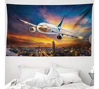 ABAKUHAUS Viaggio Arazzo, Scena di Notte con l'aereo, Tessuto Parete Appeso Decorazione per Camera da Letto, Soggiorno, dormitorio, 230 x 140 cm, Arancione Blu