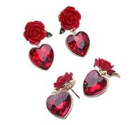 Abaodam 2 Paia Orecchini Donna a Bottone Cuore e Fiore in Argento 925 Simil Rubino e Rosa Rossa Gioielli Lucidi per Festa Cerimonia e Uso Quotidiano