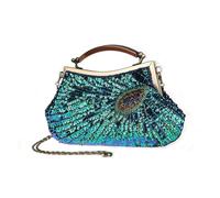 Abaodam Borsa Elegante Blu Decorazioni di Perline e Pavone, Stile Retrò, Materiale Dacron, Catena in Bronzo da 120 Cm, lo Shopping la Spiaggia