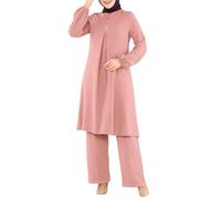 Abaya - Set da donna musulmano, 2 pezzi, in corbano ramadan, a maniche lunghe, top e pantaloni, Dubai turco, Medio Oriente, arabo, islamico, tinta unita, abbigliamento da preghiera, O rosa., M