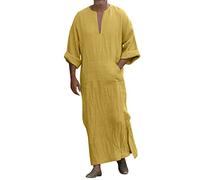 Abaya Uomo Abiti Musulmani Retro Scollo A V Abbigliamento Preghiera Per Uomini Caftano Dubai Ramadan Robe Medio Oriente Etnico Saudita Arabo Afghano Vestiti Islamici Arabi, 06# giallo, L