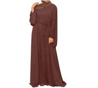 Abaya - Vestito lungo musulmano, da donna, a maniche lunghe, con scollo rotondo, tinta unita, elegante, elegante, con cintura di abbigliamento islamico