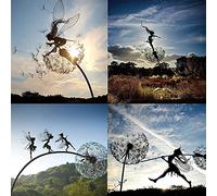 Abbcoert Silhouette da giardino Faries e dente di leone danza insieme scultura giardino fata decorazione palo fatina giocare con il dente di leone metallo arte elfo silhouette ornamento (4 pezzi)