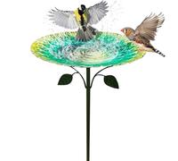 Abbeveratoio per Uccelli 2-in-1 con Ciotola per Uccelli in Piedi e Vaschetta per Uccellini, Stazione Multifunzione da 83cm in Metallo Verniciato Verde Malachite per Giardino