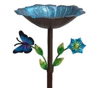 Abbeveratoio per uccelli, da giardino in metallo, mangiatoia | Design con fiori e farfalle, ciotola per acqua staccabile, installazione con picchetto a terra, adatto per cortile, patio