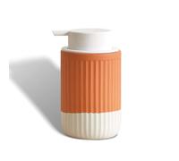 ABBI NIMO Dispenser di sapone in schiuma di ceramica di terracotta immerso a mano, bottiglia ondulata da 350 ml con pompa in silicone bianco, dispenser di sapone arancione ricaricabile per il bagno