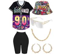 Abbigliamento anni '90, leggings da donna con accessori, costume hip hop, pantaloni lunghi e sciolti da yoga, cappelli da pescatore, orecchini, collana, 80s 90s colorato Rapper Shirt Schlagermove