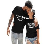Abbigliamento casual in tinta unita con interessante stampa di lettere inglesi, scollo rotondo maniche corte per gli amanti. La ragazza è "Lui è la mia metà migliore". Maglione con glitter, Nero , XL