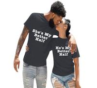 Abbigliamento casual in tinta unita con interessante stampa di lettere inglesi, scollo rotondo maniche corte per gli amanti. La ragazza è "Lui è la mia metà migliore". Maglione con glitter, grigio., L