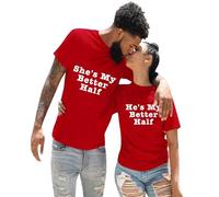 Abbigliamento casual in tinta unita con interessante stampa di lettere inglesi, scollo rotondo maniche corte per gli amanti. La ragazza è "Lui è la mia metà migliore". Maglione con glitter, Colore