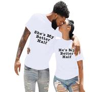 Abbigliamento casual in tinta unita con interessante stampa di lettere inglesi, scollo rotondo maniche corte per gli amanti. La ragazza è "Lui è la mia metà migliore". Maglione con glitter, bianco, L