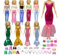 Abbigliamento compatibile con bambole Barbie, 34 pezzi di vestiti per bambole e accessori per bambole: 3 abiti alla moda, 6 top e pantaloni, 10 paia di scarpe, 15 accessori per bambole da 11,5 pollici