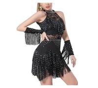Abbigliamento da ballo latino Abito latino da donna in pizzo con strass Gonna con frange Gonna da ballo Salsa Samba Rumba Dancewear Abiti da scena for feste Completo e fascia da braccio(Black,L)