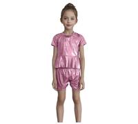 Abbigliamento da danza per bambini e bambine, in due pezzi, con paillettes metalliche, con crop lucido, set jazz hip hop performance, gonna lucida e top per bambini, 2 pezzi strutturati, Hot Rosa-e, 5