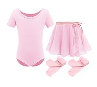 Abbigliamento da danza per bambini, in cotone, a maniche corte, da danza, in chiffon, con gonna avvolgente e collant in 3 pezzi, Colore: rosa., 6-7 Anni