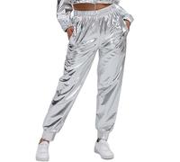Abbigliamento da donna in argento con glitter per Capodanno, in pelle laccata metallizzata, anni '80, pantaloni harem, hip hop, discoteca, pantaloni da ballo, costume da club, argento, XXL