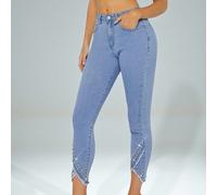 Abbigliamento da donna per l'autunno, jeans aderenti blu con strass asimmetrici e orlo grezzo. Adatto per uso quotidiano, uscite, concerti, festival e feste L,M,S,XLColore unicoDenim