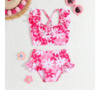 Abbigliamento da spiaggia per bambine, l'ultimo set di bikini alla moda a due pezzi con stampa floreale e volant per bambine, perfetto per vacanze estive, costumi da bagno casual e costumi da bagno pe