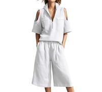Abbigliamento estivo per il tempo libero: abito a due pezzi composto da una camicia a maniche corte ampia e comodi pantaloncini con elastico in vita., bianco, M