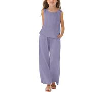 Abbigliamento estivo per ragazze, set 2 pezzi in cotone e lino, casual, top con scollo a giro, senza maniche, pantaloni larghi e fluidi, pantaloni palazzo, abbigliamento casual per le vacanze, comodo
