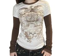 Abbigliamento Gotico Grunge per Le Donne Grafiche Tees Y2k Fata Manica Lunga Top 2000 Baggy T-shirt Emo Estetica Vestiti, Bianco-3, S