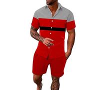 Abbigliamento Lavoro Uomo Set Due Pezzi da Uomo Primavera Estate Stile Hawaiano A Righe E Cuciture A Aspetto Camicia Manica Corta E Pantaloni