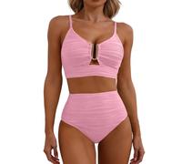 Abbigliamento Mare Donna Costume Piscina Due Pezzi Costume da Bagno Bikini da Donna con Scollo a V e Cut-out, Bagno Plissettato Super Push up Bikini No Segno Abbronzatura (Pink, XL)