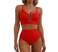 Abbigliamento Mare Donna Costume Piscina Due Pezzi Costume da Bagno Bikini da Donna con Scollo a V e Cut-out, Bagno Plissettato Super Push up Bikini No Segno Abbronzatura (Red, XL)