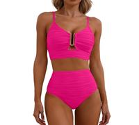 Abbigliamento Mare Donna Costume Piscina Due Pezzi Costume da Bagno Bikini da Donna con Scollo a V e Cut-out, Bagno Plissettato Super Push up Bikini No Segno (Hot Pink, S)