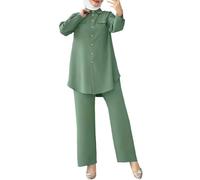 Abbigliamento musulmano da donna, 2 pezzi, islamico, a maniche lunghe, abbottonato, con pantaloni larghi a vita alta, in due pezzi, Ramadan, Dubai turco, Medio Oriente, arabo, tinta unita, verde, XXXL