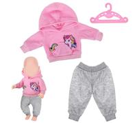 Abbigliamento per bambole, accessori per bambole, compatibile con bambole New Born da 35 a 43 cm, con maniche lunghe rosa, pantaloni grigi e due ganci rosa (bambole non incluse)
