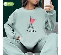 Abbigliamento sportivo da donna in due pezzi, stampa con motivo della Torre Eiffel di Parigi, felpa in cotone al 100%, tuta con tasca, felpa ampia con scollo rotondo e pantaloni casual con risvolto pe