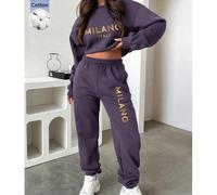 Abbigliamento sportivo da donna in due pezzi, stampa con slogan della città di Milano, Italia, felpa in cotone al 100%, tuta con tasca, felpa ampia con scollo rotondo e pantaloni casual con risvolto p