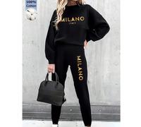 Abbigliamento sportivo da donna in due pezzi, stampa con slogan della città di Milano, Italia, felpa in cotone al 100%, tuta con tasca, felpa ampia a girocollo e pantaloni casual con risvolto per autu