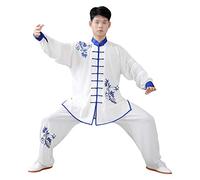 Abbigliamento Tai Chi Sciolto Kung Fu Ricamo Uniforme in Cotone Unisex Superiore + Inferiore Abito A Due Pezzi Bianco Blu XS