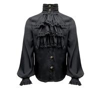 Abbigliamento Uomo Cosplay Camicie Uomo Medievale Collo in Pizzo una Camicia Manica Lunga Usato da un Cavaliere Tinta Unita Secolo Vittoriano Top Delicati Abiti Tradizionali, Nero , M