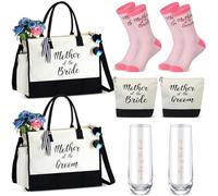 Abbylike Set regalo per madre della sposa, 8 pezzi, borsa tote con cerniera, bicchiere da champagne, sacchetto per trucco, calzini madre dello sposo sposa, per addio al nubilato, matrimonio, come da