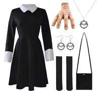 ABC.icos Costume da Mercoledì per bambini, 4 pezzi, con parrucca, calza e borsa, per carnevale, Halloween