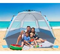 ABCCAMPING - Tenda da spiaggia istantanea pop-up per 4-6 persone, con protezione UV, fondo allungato, 3 finestre a rete arrotolabili con borsa per il trasporto, sacchi di sabbia, picchetti (celeste)